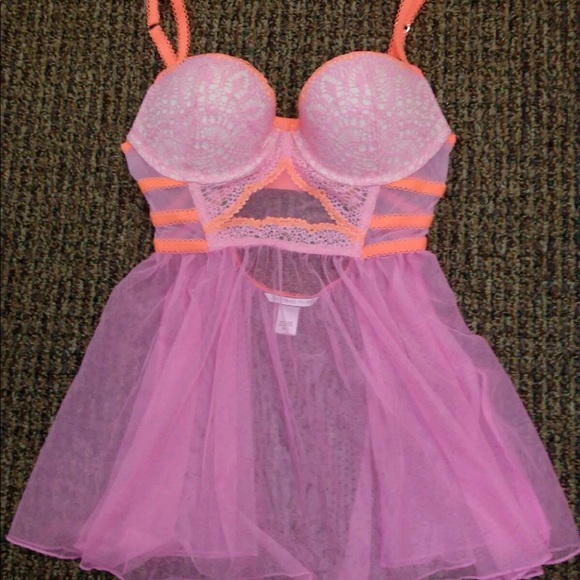 Victoria’s Secret Pink & Orange Lace Babydoll Push-Up Bustier Lingerie Teddy - Picture 16 of 16